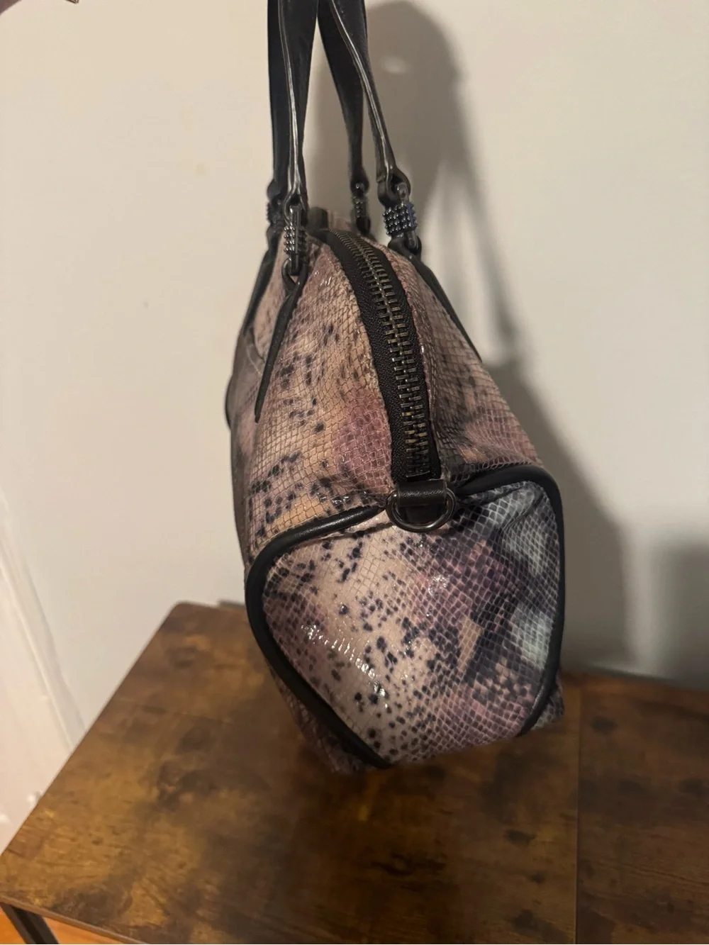 Aimee Kestenberg Snake-Print Dome Satchel Handbag in Blush Black